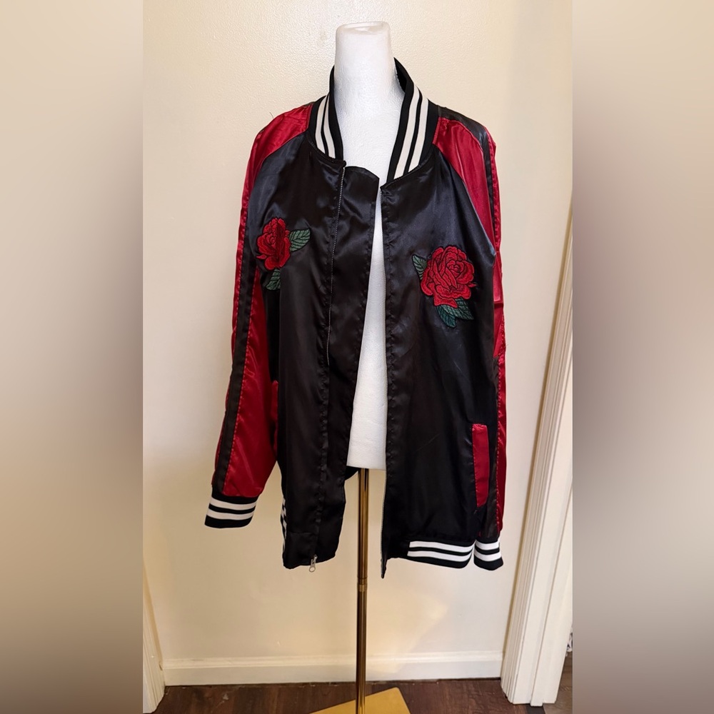Carbon Black and Red Floral Bomber Jacket - Picture 7 of 13